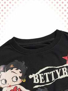 Betty Boop | ROMWE Áo thun dáng rộng cỡ lớn in hình người theo phong cách cổ điển - Đỏ - Xem 3