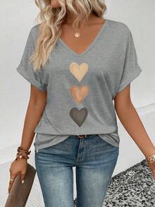 SHEIN LUNE Women's V-Neck Flared Cuff, Ombre Heart Print Casual Versatile T-Shirt, Spring/Summer - Light Grey - View 3