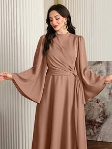 Modelyn Women Elegant Solid Color Bell Sleeve Arabic Dress, Autumn Long Evening Dresses - Khaki - View 5