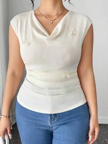 Elenzga Plus Size Women Solid Color Draped Collar Bowknot Decor Ruched Fashionable Versatile Cap Sleeve Top - Apricot - View 4