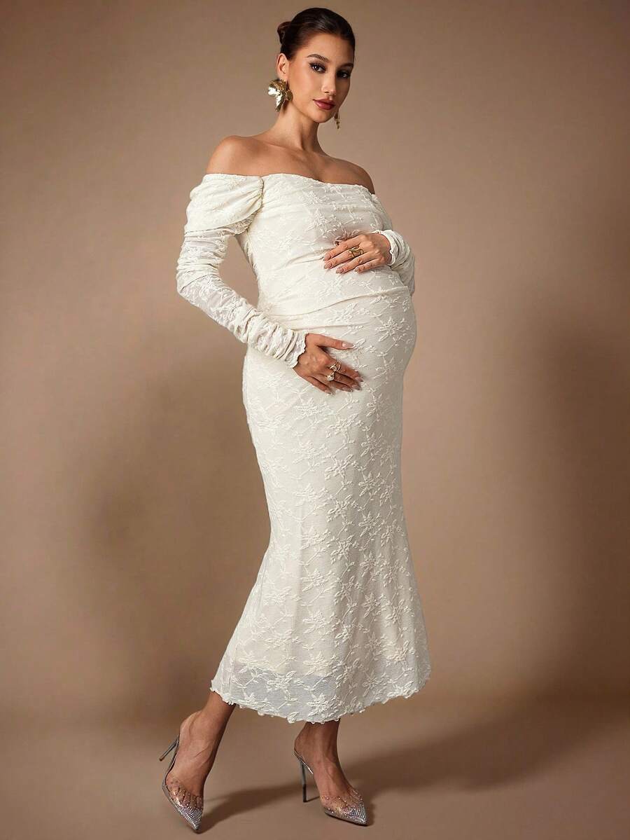 MaterniChic Maternity Clothes Maternity  Dress Spring And Summer Pregnant Clothes Apricot Dress Lace One Shoulder Elegant Party Romantic - Apricot - View 1