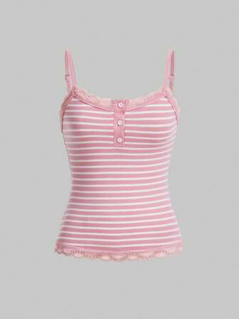 Sweetness Canotta da donna taglie forti, estiva, casual, versatile, minimalista, sexy, con stampa a righe, bottoni e dettagli in pizzo a contrasto