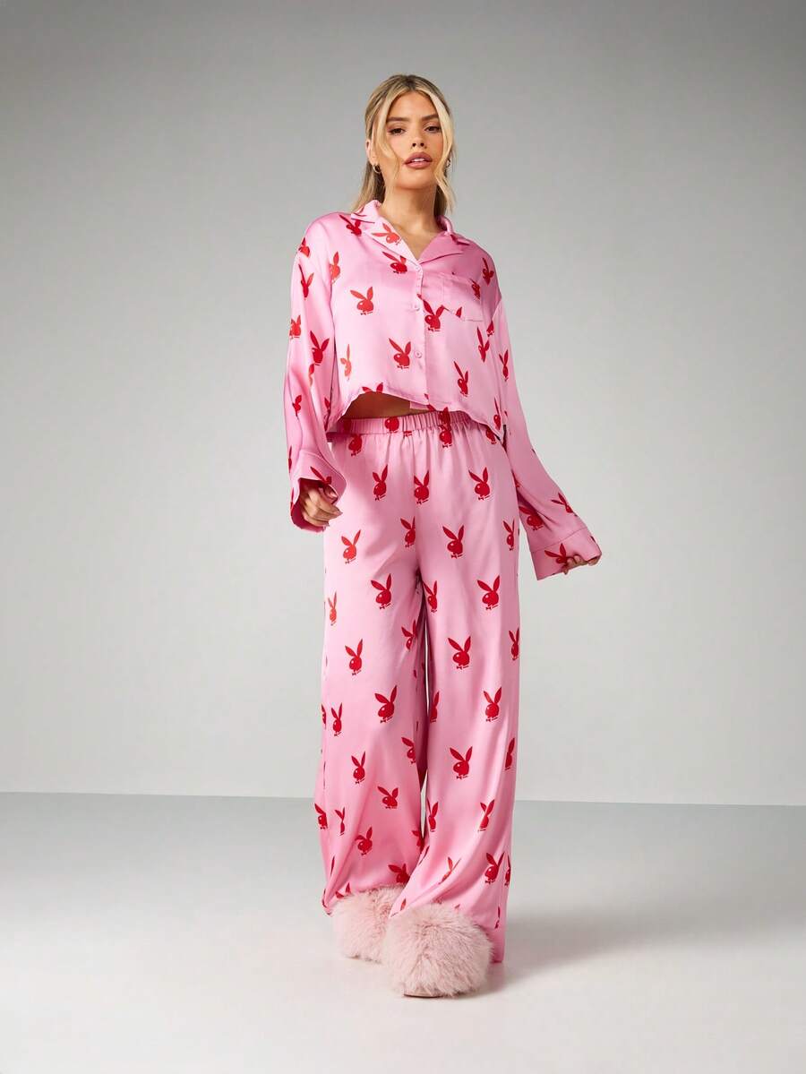 Missguided x Playboy Bunny Print Crop Button Up Pajama Shirt And Wide Leg Trouser Sleep Set Lounge Co-Ord Two Piece Nightwear - Multicolor - View 1