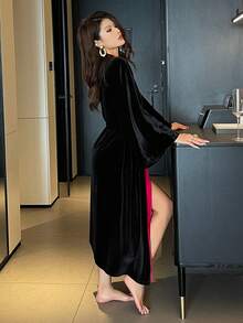 DAZY Bata larga de mujer con bordado floral, bloqueo de color y parches de terciopelo, otoño/invierno