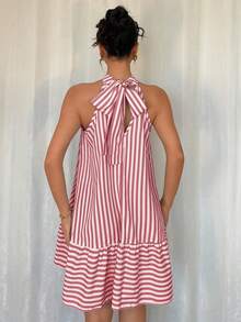 Rafferiza Elegant Halter Neck Tie Sleeveless Cold Shoulder Striped Ruffle Hem Spring/Summer Dress - Red - View 2