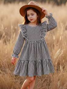 Emery Rose Kids Emery Rose Kids 女童格子宽松可爱休闲格子图案荷叶边荷叶袖法式连衣裙，长袖连衣裙，秋冬格子连衣裙，夏秋两季皆宜，非常适合休闲日常穿着和上学日常穿着。 - 黑與白 - 查看 5