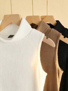 GlowEve 3件套女士休闲纯色罗纹高领无袖修身背心套装，适合日常穿着 - 彩色 - 查看 4