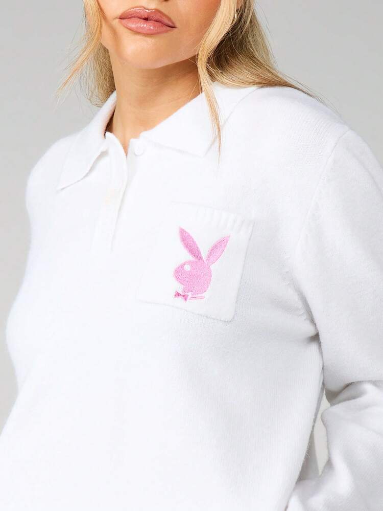 Missguided x Playboy Ribbed Knit Co Ord Set With Cropped Sweater And High Waisted Joggers Featuring Pink Bunny Logo Winter Lounge Set