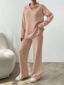 EURMUSE 2pcs/Set Solid Color Ribbed Polo Neck Loose Knit Sweaters - Coral Pink - View 4