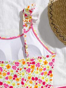 SHEIN Tween Girl Floral Print Ruffled One-Piece Swimsuit With Cover-Up Skirt 2pcs Set,Pink White Summer Boho Pool Party Vacation Holiday Bathing Suit Kid - Multicolor - View 5