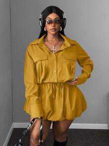 Maweii 2pcs Plus Size Women Casual Outfit - Collared Jacket And High Waist Pleated Skirt Set, Suitable For Work And Everyday Wear, Autumn/Winter - Yellow - View 5