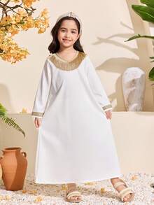 Váy Abaya họa tiết hoa xanh trắng cho bé gái, cổ và tay áo viền hoa xanh, thường ngày, phù hợp cho mùa xuân và mùa hè - Màu be - Xem 3