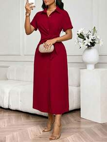 SHEIN Lady 女士休闲纯色裹身系带短袖连衣裙，夏季 - 酒紅色 - 查看 3