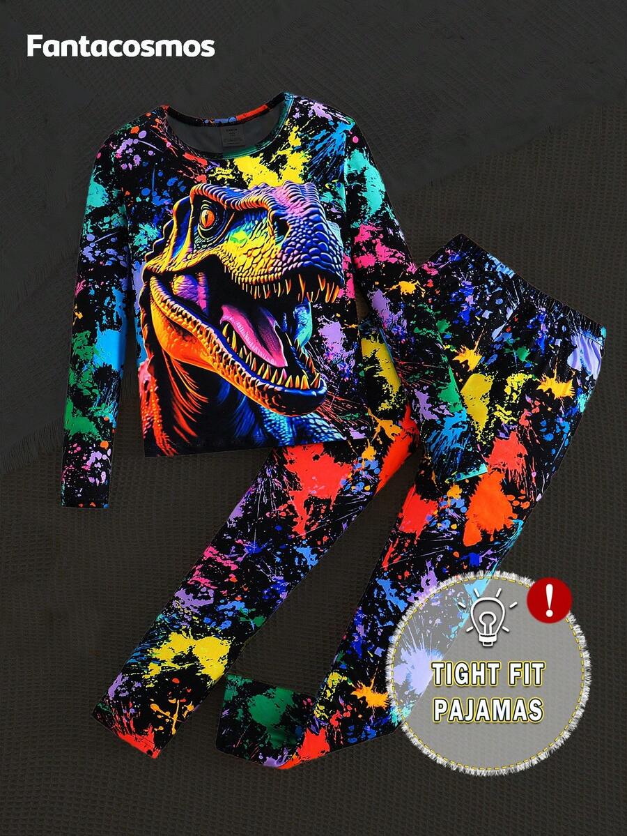 2pcs Tween BoysSnug Fit Sleepwear Set, Colorful Graffiti Print Long Sleeve Top And Pants, Comfortable Loungewear - Multicolor - View 1