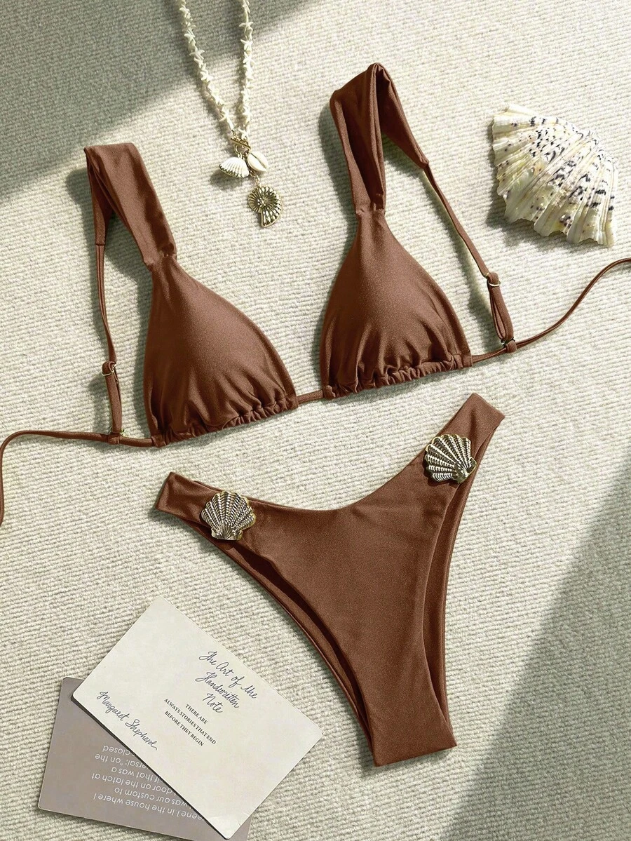 Swim Vcay 2件套夏季度假亮面纯色加厚肩带金色扇贝装饰三角杯文胸和高衩比基尼泳裤性感泳装套装棕色泳衣女士贝壳比基尼棕色比基尼套装纯色比基尼套装端庄比基尼套装 - 咖啡棕 - 查看 1