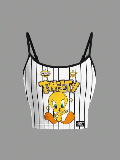 LOONEY TUNES X SHEIN Women's Casual Striped Cartoon Pattern Cropped Camisole Top, Summer