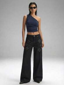 LYSMO Summer Casual Solid One Shoulder Crop Top - Blue - View 5