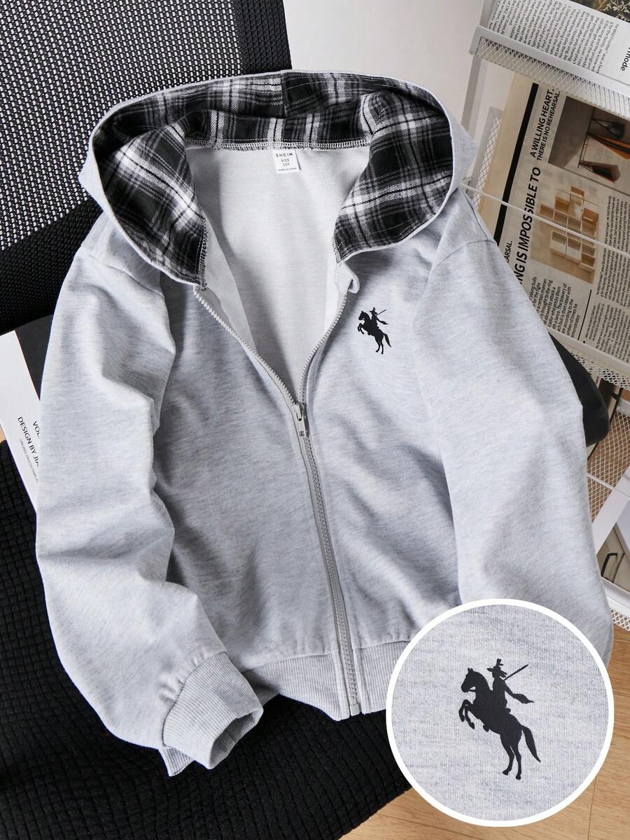 SHEIN Sparklyn Tween Girl Zip-Up Hooded Loose Fit Long Sleeve Graphic Print Comfortable Knit Sweatshirt - Grey - View 1