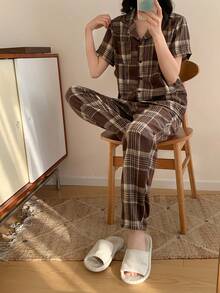 少女时尚复古格子两件套，棕色格子休闲舒适翻领短袖上衣和裤子家居服睡衣套装，女士格子睡衣套装，棕色格子短袖睡衣套装 - 棕色 - 查看 2