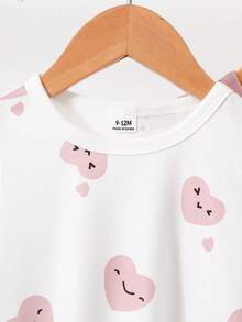 2pcs Baby Girls' Cute White And Pink Heart Bow Print Nightgowns,Toddler Summer Holiday Dresses,Short Sleeve Round Neck Polyester Sleepwear Pajamas Set - Pink - View 7