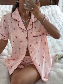 SHEIN Ensemble pyjama pour femmes avec chemise à col et manches courtes à imprimé carreaux roses et cerises, et short - Rose pâle - Voir 3