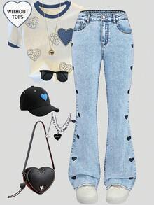 SHEIN Explorewe Y2K 時尚百搭熱門重磅水洗彈性喇叭牛仔褲 青少年女孩 Emo 風格可愛喇叭褲 - 淺色水洗藍 - 查看 11