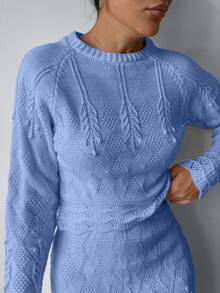 EURMUSE Elegant Texture Knit Hollow Out Sweater & Sweater Skirt Co-Ords 2 Pieces Set - Baby Blue - View 4