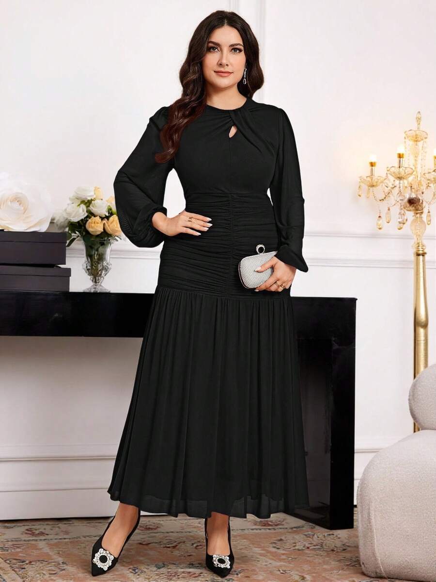 Modelyn Vestido largo elegante de talla grande con mangas de farol, cintura ajustada y plisado - Negro - Ver 1