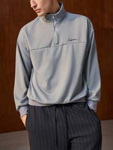 Manfinity Dauomo Men's Casual Classic Simple Embroidered Collar Sweatshirt, Suitable For Commuting And Urban Wear - Grey - View 3