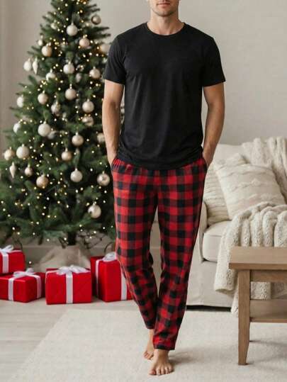 Conjunto de pijama con top de manga corta con estampado a cuadros y pantalón largo de dormir a cuadros con bolsillos para Hombre