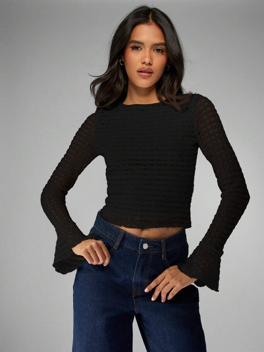 MISSGUIDED Áo ren dài tay có họa tiết, tay loe, dáng ôm, cổ tròn, thời trang thu đông. - màu đen - Xem 1
