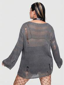 ROMWE Grunge Punk Plus Size Striped Pattern Sheer Distressed Long Sleeve Pullover Sweater - Grey - View 6