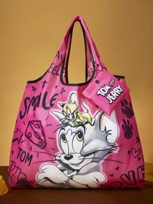 TOM & JERRY X SHEIN 1 Cute Cartoon Character Printed Polyester Fiber Foldable Shopping Bag, Tote Bag, With Small Storage Bag With Bead Chain, Can Be Hung On The Bag, Cute, Cat,Valentine's Day - Hot Pink - View 2