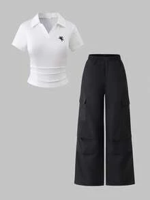 SHEIN ChillGRL Teen GirlWhite Polo T-Shirt With Printed Logo, Fitted Silhouette Top, Paired With Black Cargo Pants, Versatile Commuter & Casual Outfit - White - View 1