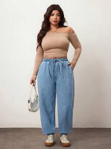 Enliva 大码女式系腰口袋抽绳及踝长休闲牛仔裤 - 淺色水洗藍 - 查看 6