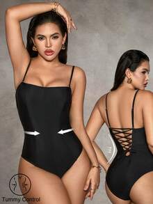 Shapewave 1 pieza Traje de baño de una sola pieza elegante para mujer con bandeau de unicolor y cuerda en forma de espina de pescado, para playa y vacaciones, primavera/verano - Negro - Ver 8
