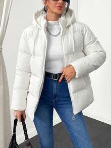 Women's Solid Color Long Sleeve Zipper Front Casual Drawstring Hooded Winter Jacket - Cream - View 6