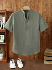 Manfinity VCAY Men's Sage Green Summer Casual Vacation Linen Beach Shirt,V-Neck Henley Short Sleeve Hippie Bohemian Loose Fit Blouse,Breathable Grandad Collar Tee - Green - View 7