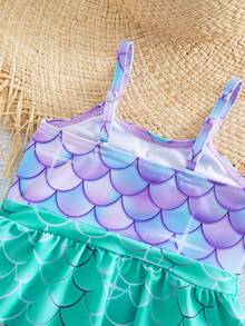 SHEIN Newborn Cute Summer Mermaid Pattern Casual Knitted Bow Color Block Suspender One-Piece Swimsuit - Multicolor - View 6