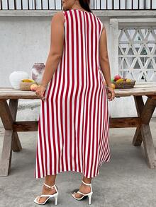 EMERY ROSE Plus Size Red Striped Sleeveless Tank Dress With Pockets Long Casual Summer Dress - Red - View 2