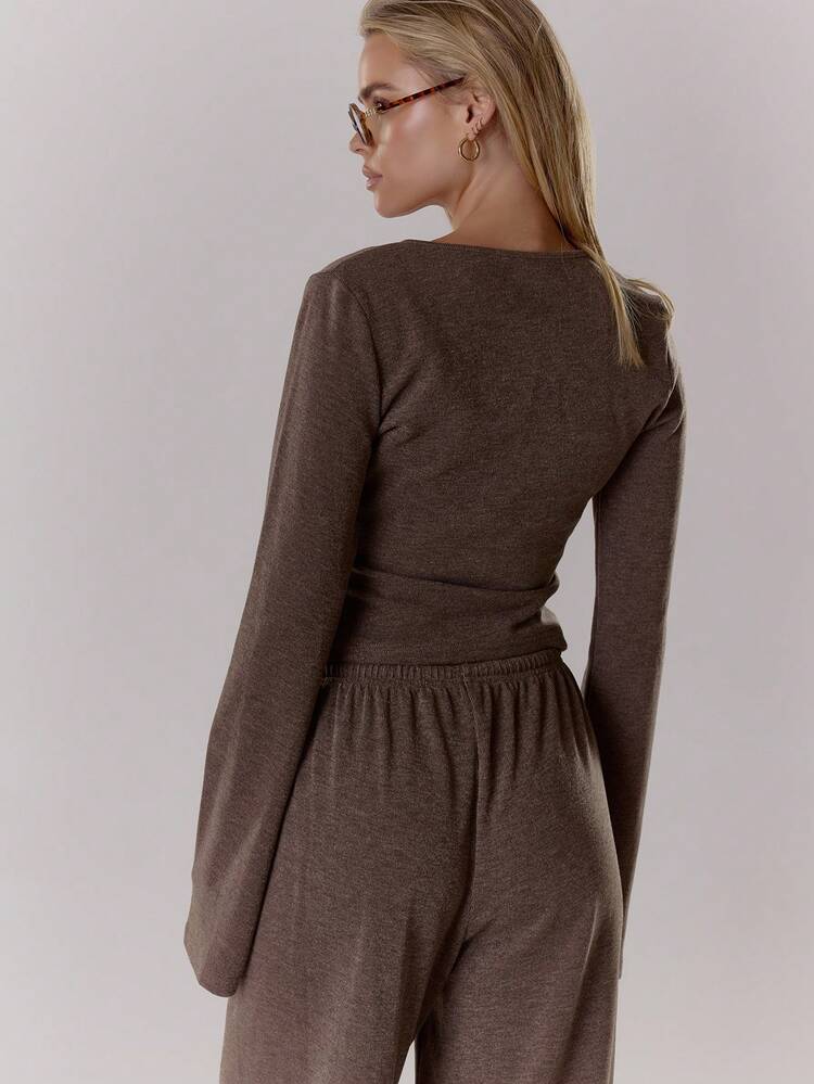 MUSERA 系带V领罗纹上衣，复古乡村风，舒适休闲，适合夜晚居家穿着，优雅的奶油糖色，春夏风格。 - 咖啡棕 - 查看 4