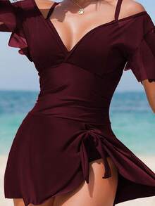 Swim Lushoire Vestido de traje de baño de una pieza con cuello en V, mangas con volantes, parches de malla y unicolor, nuevo lanzamiento de verano para mujer - Burdeos - Ver 2