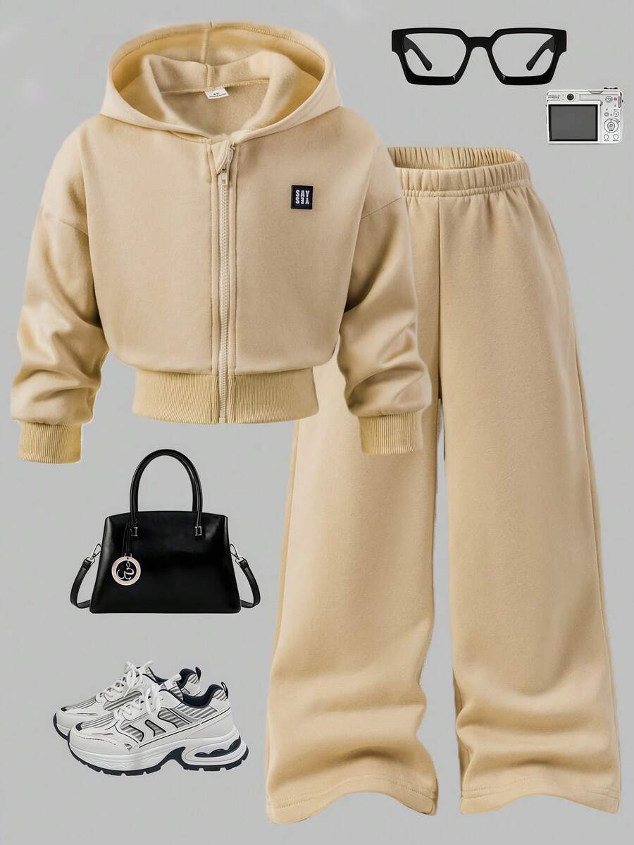SHEIN Young Girl Casual Letter Patch Zip-Up Hoodie And Pants Set, Autumn, Outfit Set, Hoodie Pants Set, Clothes Set - Khaki - View 1