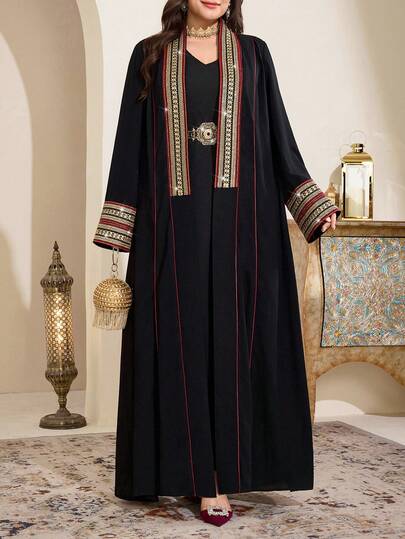 Al Najma 大码女式缎带饰边长袖优雅阿拉伯长袍