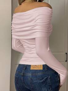 CovetEZ 女士休闲纯色针织露肩T恤，浅紫色 - 紫丁香色 - 查看 2