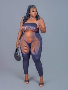 CurvyTilda Plus Size Women's Spring&Summer Sexy Daily Comfortable Nightclub Rock Hot Girl Music Festival Orange Imitation Body Print Tube Top Slim Long Tight Jumpsuit,Suitable For Everyday Wear, Western Wear, For Hourglass Body Shape