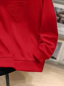 SHEIN 青少年男孩休闲宽松舒适百搭纯色压花图案圆领运动衫，适合上学和户外运动 - 紅色 - 查看 4
