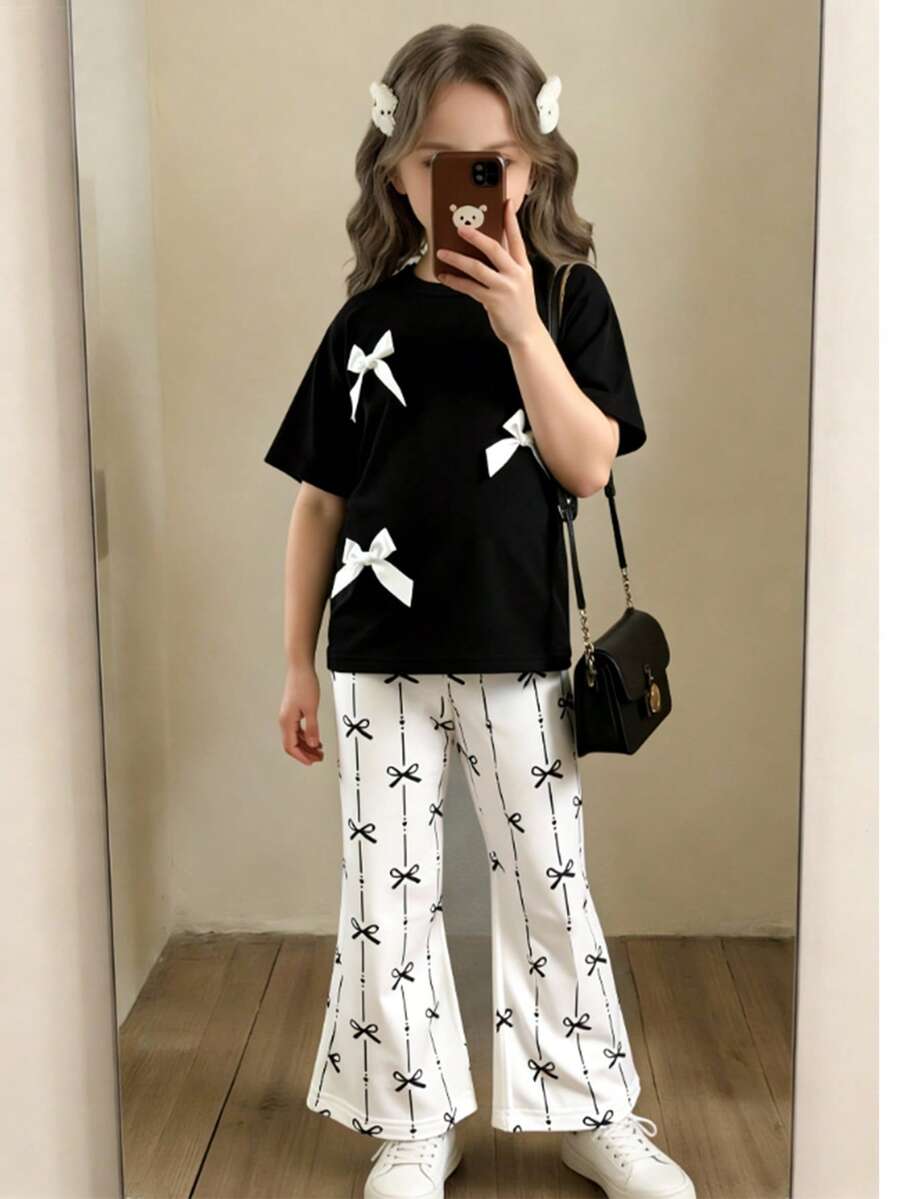 Conjunto de Top de Manga Curta Raglan com Laço 3D Elegante e Fofo e Calça Flare com Estampa de Laço, Preto e Branco, Adequado para Uso Diário, Férias, Primavera e Verão - Meninas Jovens - Preto e Branco - Visão 1