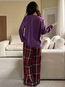 DAZY Dog Print Loose T-Shirt Top & Plaid Loose Pajama Pants Women Sleepwear Set - Purple - View 2