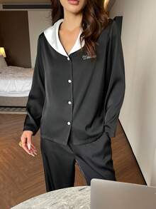 DAZY 2pcs Women Graphic Print Contrast Color Lapel Loose Cardigan & Pants Pajama Set - Black - View 8